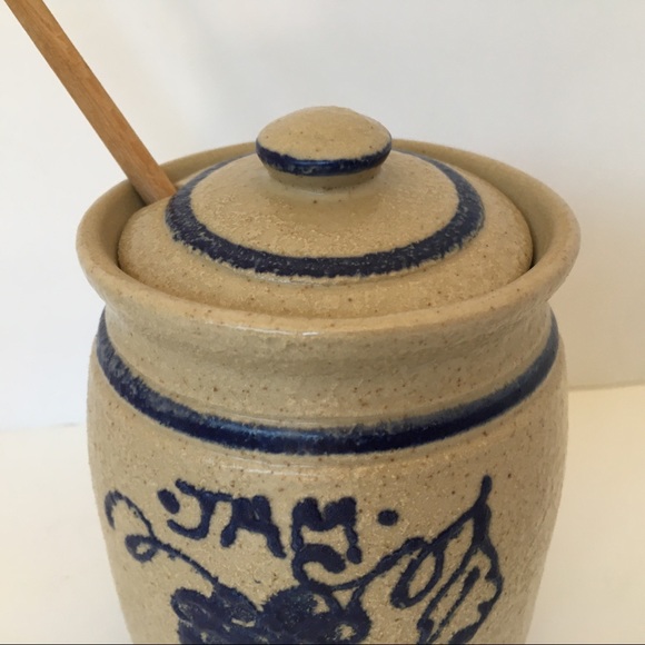 Salt Glazed Jam Jar Cobalt Blue stripes Beige Lid pottery Spoon Grapes vintage - Picture 3 of 15
